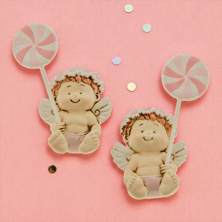 CALAMITE ANGIOLETTO CON GIRANDOLA IN RESINA PENSIERINI NASCITA BAMBINA