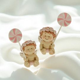 ANGIOLETTI CON GIRANDOLA BIANCA E ROSA IN RESINA SEGNAPOSTO OGGETTINI NASCITA FEMMINUCCIA