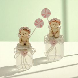 BARATTOLI PER CONFETTI CON ANGIOLETTI IN RESINA CON GIRANDOLA BOMBONIERE ORIGINALI FEMMINUCCIA