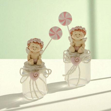 BARATTOLI PER CONFETTI CON ANGIOLETTI IN RESINA CON GIRANDOLA BOMBONIERE ORIGINALI FEMMINUCCIA