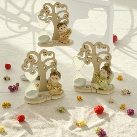ANGIOLETTI CON CLESSIDRA E ALBERO DELLA VITA IN RESINA BATTESIMO E COMUNIONE