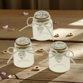 BARATTOLINI IN VETRO PORTACONFETTI CON TAPPO IN SUGHERO CON FRASI