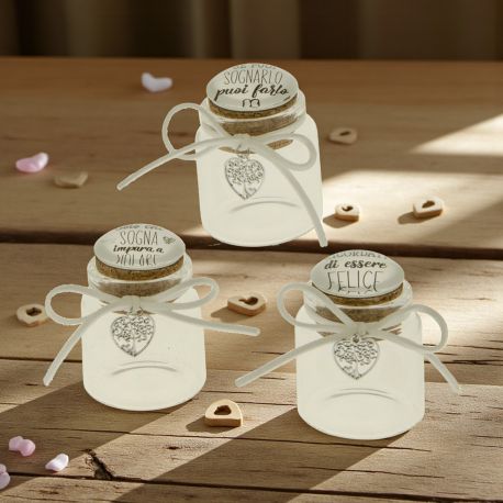 BARATTOLINI IN VETRO PORTACONFETTI CON TAPPO IN SUGHERO CON FRASI
