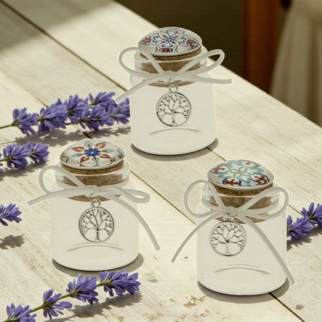 BARATTOLI PORTACONFETTI CON TAPPO IN SUGHERO E DECORO MAIOLICHE CONFETTATE ORIGINALI