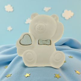 ORSETTO CON CUORE E PAPILLON CELESTE APPLICAZIONI CONFETTATA NASCITA BAMBINO