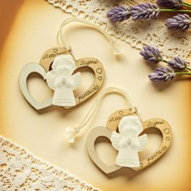 APPENDINI CON GESSETTO ANGIOLETTO E DOPPIO CUORE IN LEGNO CON SCRITTE