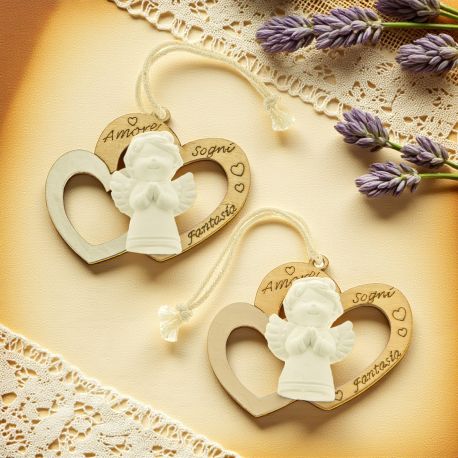 APPENDINI CON GESSETTO ANGIOLETTO E DOPPIO CUORE IN LEGNO CON SCRITTE