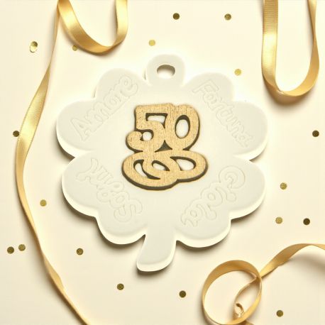 GESSETTI NOZZE D'ORO QUADRIFOGLI CON 50 E FEDI CONFETTATE ECONOMICHE ANNIVERSARIO