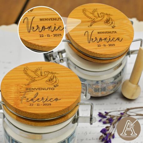 BARATTOLINO PORTACONFETTI NASCITA PERSONALIZZATO CON CICOGNA E TAPPO LEGNO