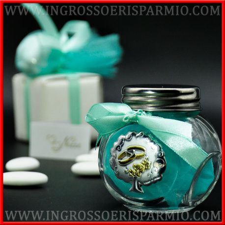 BARATTOLI PORTACONFETTI MATRIMONIO DECORATI CON PLACCHETTA FEDI NOZZE ANNIVERSARIO IDEE 