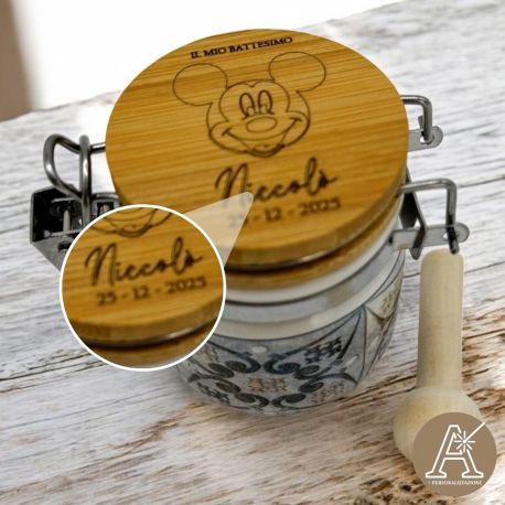 TOPOLINO BARATTOLINO PERSONALIZZATO DISNEY BOMBONIERA NASCITA BATTESIMO COMUNIONE COMPLEANNO CERAMICA LEGNO