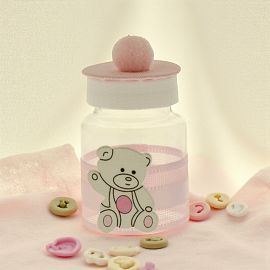 PORTACONFETTI BIBERON ROSA CON ORSETTO CONFETTATE NASCITA FEMMINUCCIA