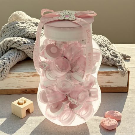 30 MINI BIBERON PORTACONFETTI + CONTENITORE CONFETTATE NASCITA FEMMINUCCIA