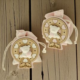 SCATOLINE PORTACONFETTI CON ORSETTO SU RUOTA PANORAMICA IN LEGNO ROSA