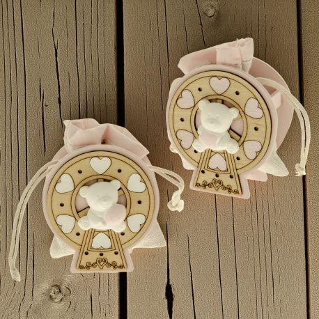 SCATOLINE PORTACONFETTI CON ORSETTO SU RUOTA PANORAMICA IN LEGNO ROSA