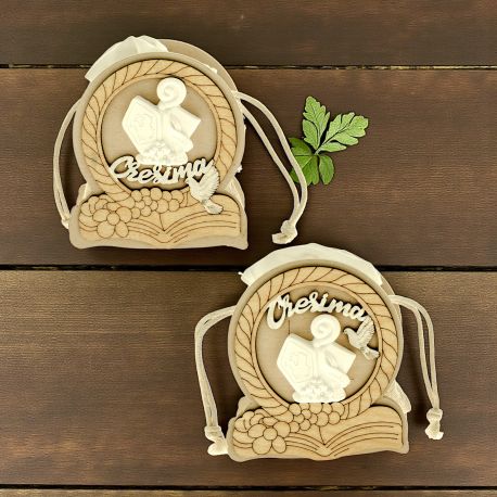 PORTACONFETTI SCATOLINE IN LEGNO CON GESSETTO CRESIMA CONFETTATE
