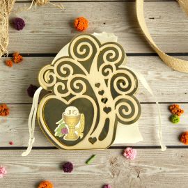 ALBERO DELLA VITA PORTACONFETTI IN PVC DORATO E LEGNO BOMBONIERE COMUNIONE