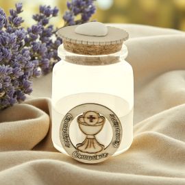 BARATTOLI PORTACONFETTI CON APPLICAZIONE IN LEGNO PER COMUNIONE