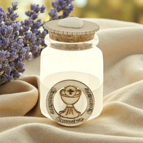 BARATTOLI PORTACONFETTI CON APPLICAZIONE IN LEGNO PER COMUNIONE