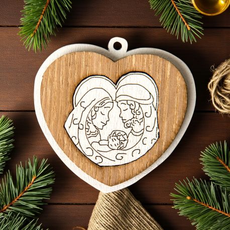 APPLICAZIONE IN LEGNO A FORMA DI CUORE CON SACRA FAMIGLIA