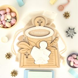 PORTACONFETTI IN LEGNO CON SACCHETTINO E SIMBOLI CRESIMA: UN RICORDO SACRO E SIGNIFICATIVO