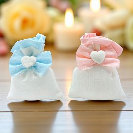 BOMBONIERA NASCITA SACCHETTINI PORTA CONFETTI JUTA - DETTAGLI DI DELICATEZZA CON FIOCCHETTO E CUORICINO