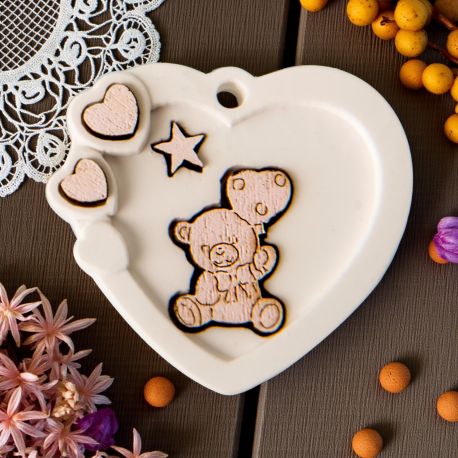 APPLICAZIONE CUORE IN GESSO E ORSETTO ROSA ,DECORAZIONE TAG DI RINGRAZIAMENTO FESTA BAMBINA