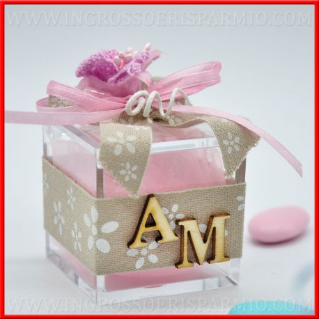CONFETTATA BATTESIMO ROSA/CELESTE SCATOLINE PORTACONFETTI PERSONALIZZATE INIZIALI 