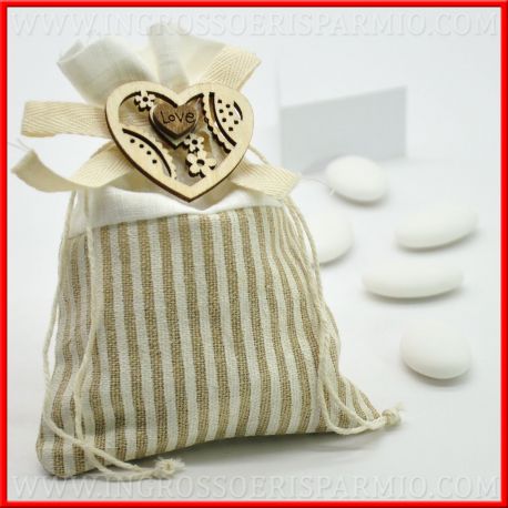 PORTACONFETTI A RIGHE CUORE "LOVE" SACCHETTINI MATRIMONIO SHABBY CHIC AVANA