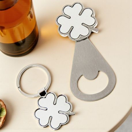 SET STAPPA BOTTIGLIE CON QUADRIFOGLIO E PORTA CHIAVI A TEMA BOMBONIERE CERIMONIA