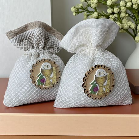 SACCHETTINO PER CONFETTI COMUNIONE CON SIMBOLI SACRI CALICE E OSTIA