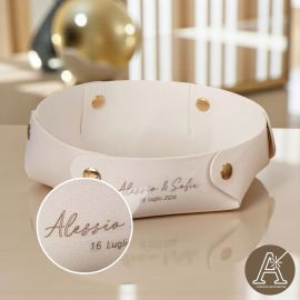 SVUOTATASCHE ROTONDO IN ECO PELLE BIANCA BOMBONIERE NOZZE PERSONALIZZABILE