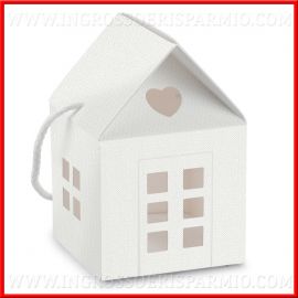 SCATOLA PER BOMBONIERE A FORMA DI CASETTA CASETTA BIANCA IN CARTONCINO CON MANICO CORDA WEDDING