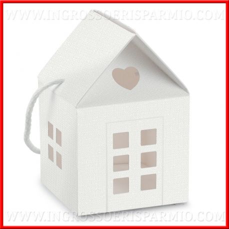 SCATOLA PER BOMBONIERE A FORMA DI CASETTA CASETTA BIANCA IN CARTONCINO CON MANICO CORDA WEDDING