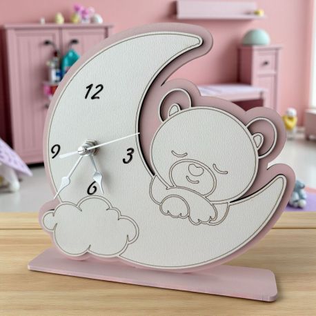 OROLOGIO A FORMA DI LUNA CON ORSETTO PER BATTESIMO FEMMINUCCIA