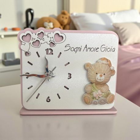 OROLOGIO CON ORSETTO E CUORICINI BOMBONIERA BATTESIMO FEMMINUCCIA