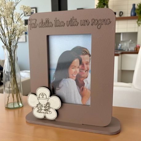 PORTAFOTO CON FIORE E SIMBOLI SACRI PER LA PRIMA COMUNIONE