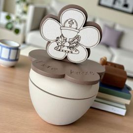 PORTACANDELA CON FIORE E SIMBOLI SACRI PER LA PRIMA COMUNIONE