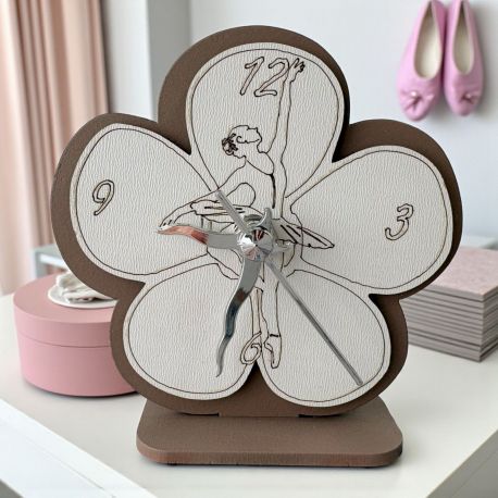 OROLOGIO A FORMA DI FIORE CON BALLERINA PER BOMBONIERE BATTESIMO BIMBA