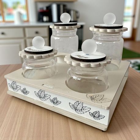 PORTASPEZIE CON 4 VASETTI BOMBONIERE UTILI PER MATRIMONIO E ANNIVERSARIO