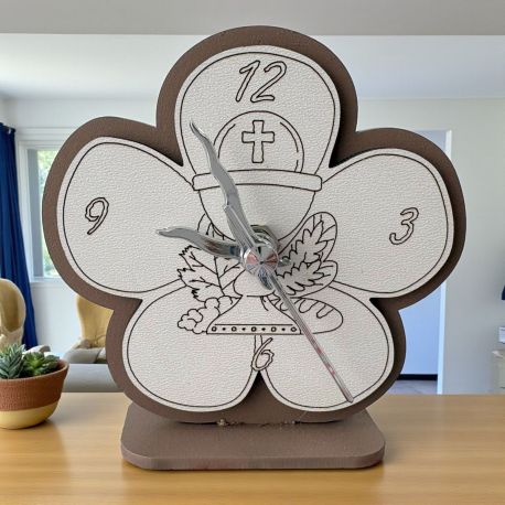 OROLOGIO A FORMA DI FIORE CON SIMBOLI SACRI PER PRIMA COMUNIONE
