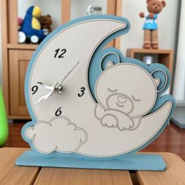 OROLOGIO LUNA E ORSETTO SU NUVOLA IN LEGNO CELESTE E BIANCO