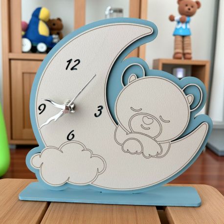 OROLOGIO LUNA E ORSETTO SU NUVOLA IN LEGNO CELESTE E BIANCO