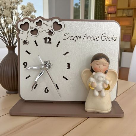 OROLOGIO ANGIOLETTO CON ORSETTO E PAROLE SOGNI AMORE GIOIA IN LEGNO
