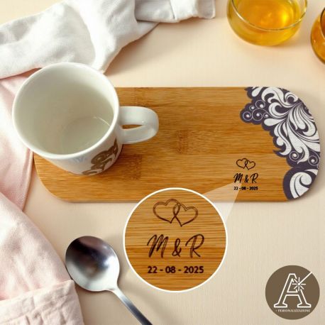 TAZZE MUG CERAMICA CON VASSOIO LEGNO SET COLAZIONE MATRIMONIO IDEE ORIGINALI 