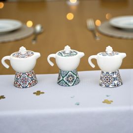 ZUCCHERIERA E LATTIERA MOKA CERAMICA DECORO MAIOLICHE 2021 BOMBONIERE UTILI MATRIMONIO ONLINE