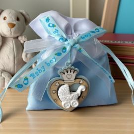SACCHETTO PORTACONFETTI CELESTE CON CUORE PER NASCITA BAMBINO