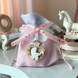 SACCHETTO PORTACONFETTI ROSA CON CUORE E CARROZZINA PER NASCITA