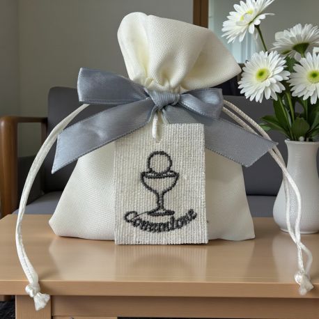 SACCHETTO PORTACONFETTI PER COMUNIONE CON FIOCCO E RICAMO CALICE