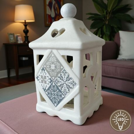 LANTERNE IN PORCELLANA BIANCA BOMBONIERE MATRIMONIO CON LUCE LED E MAIOLICHE